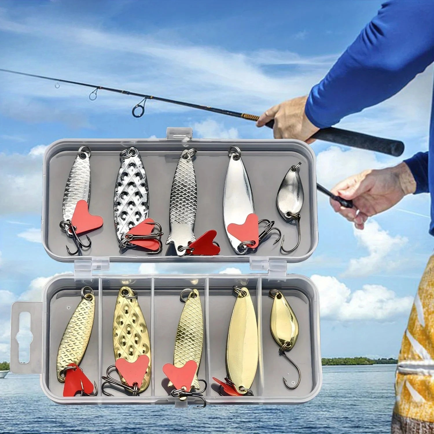 20pcs/Set Gold And Sliver Metal Jig Spoon Spinner Fishing Lure Wobbler Bait Set with Fishing Tackle Box Kit For Fishing Peaceful Pleasures Health and Wellness