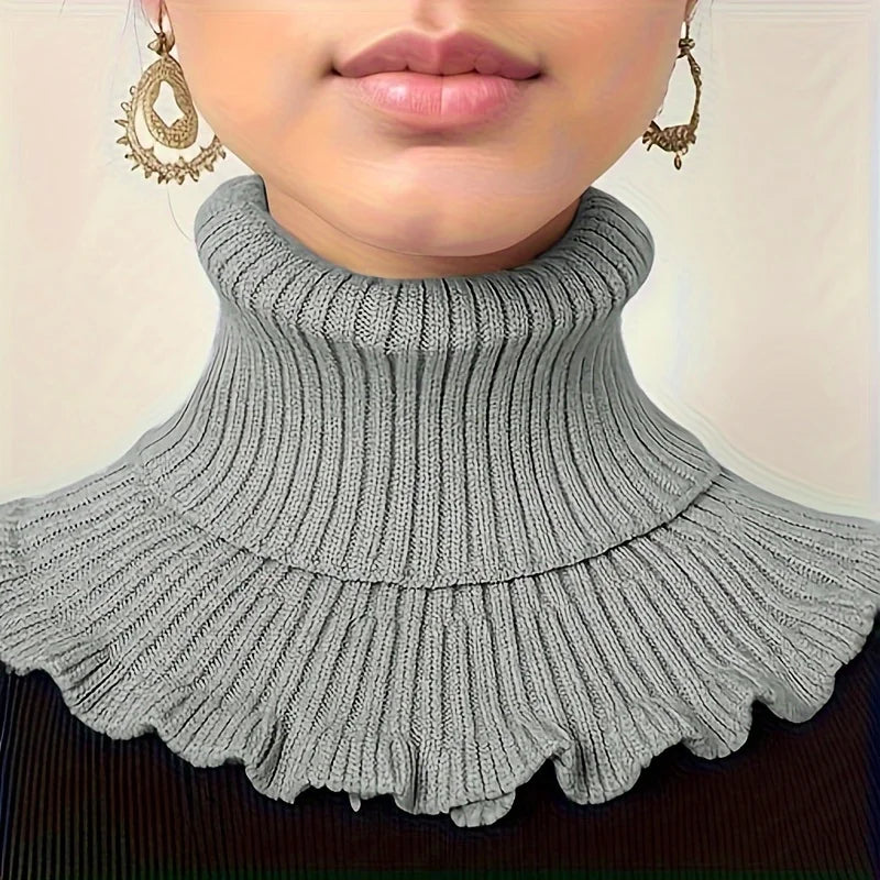 Black & White Knit Faux Collar Scarf – Ruffle Trim for Women