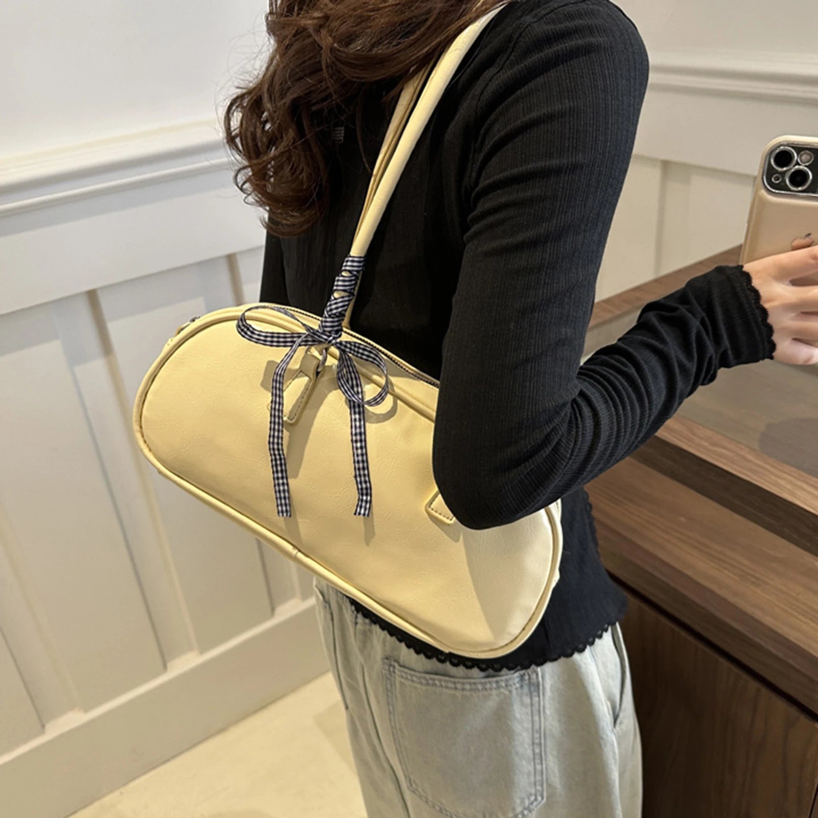 Simple Female Shoulder Bag Korean Version Fashion Bowknot Design Handbag Exquisite Gift for Ladies Birthday Peaceful Pleasures Health and Wellness