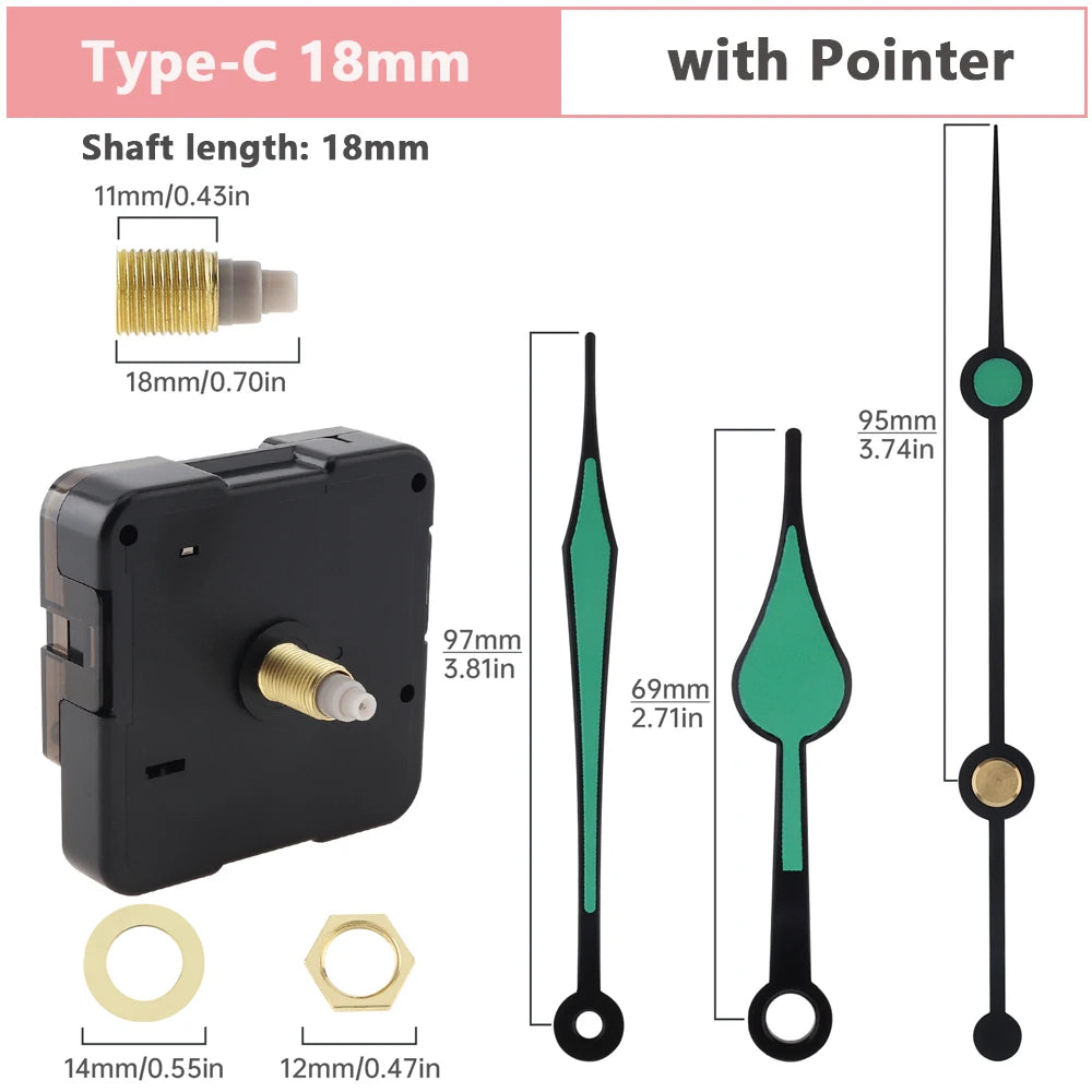 Wall Clock Mechanism Silent Quartz Movement Machine Wall Hands Silent Sweeping Second Movement with Pointer DIY, Repair Tools Peaceful Pleasures Health and Wellness Tpye-C 19mm China Mainland