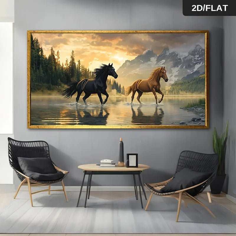 Frameless 2D Flat Modern Abstract Running Horse Wall Art Canvas Painting Art for Living Room Modern Canvas Poster Wall Decor Peaceful Pleasures Health and Wellness