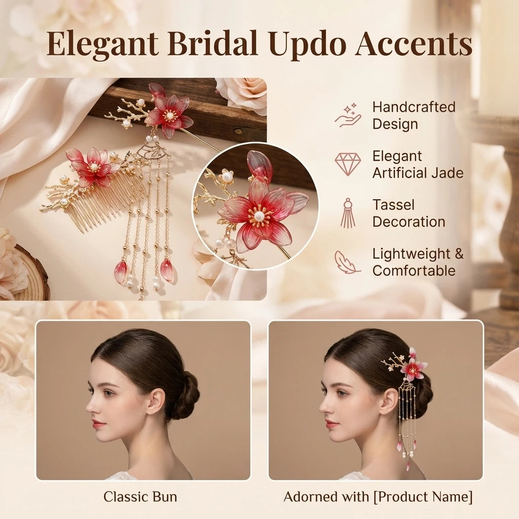 Retro Style Hairpin Set for Hanfu Flower Tassel Hair Accessories Wedding Bun Decoration Peaceful Pleasures Health and Wellness