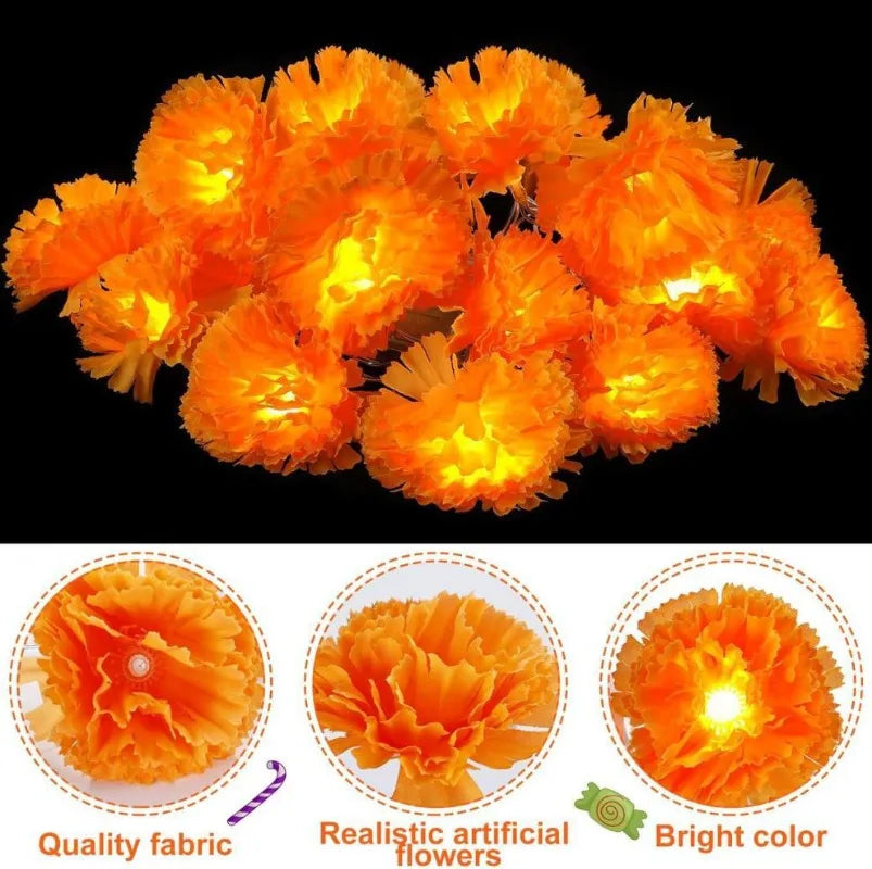 5 Ft LED Orange Marigold Garland Lights | Halloween Diwali Décor