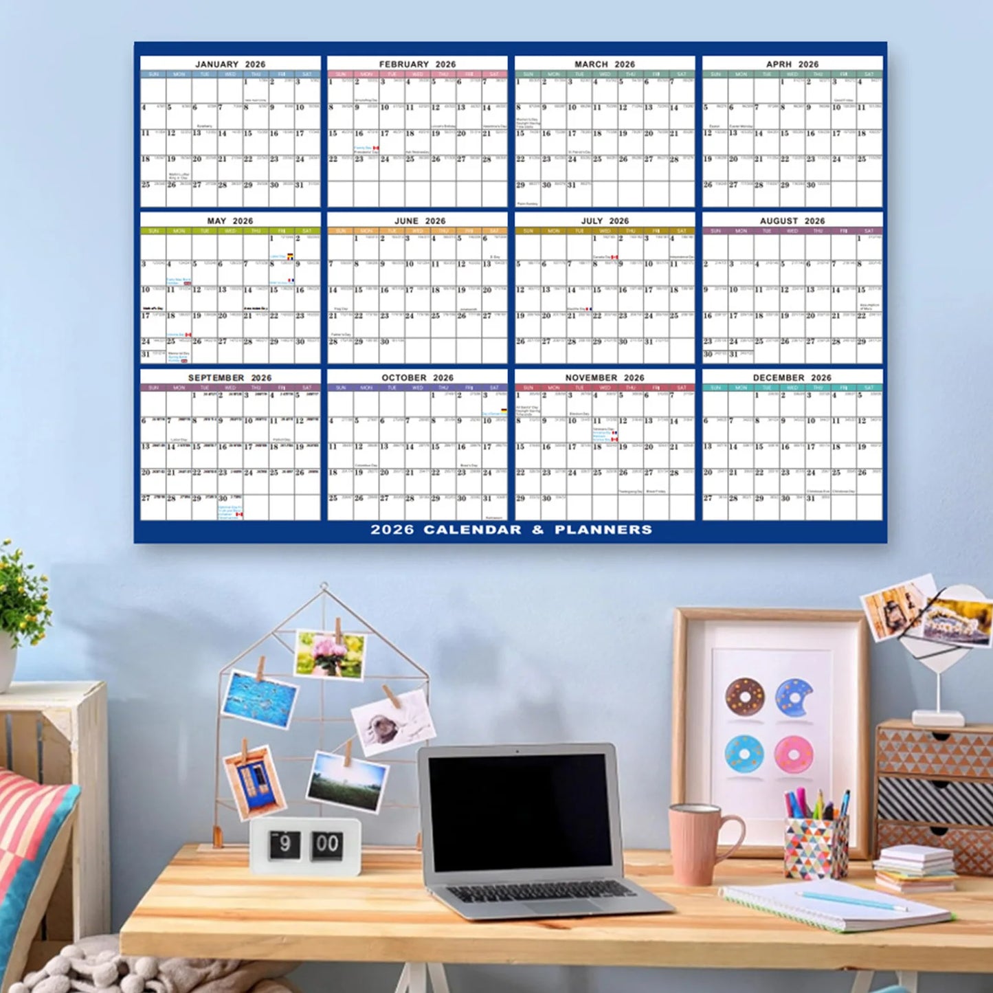 2026 English Double-Sided Laminated Wall Calendar with Erasable Surface Foldable Design for Home Office School Peaceful Pleasures Health and Wellness