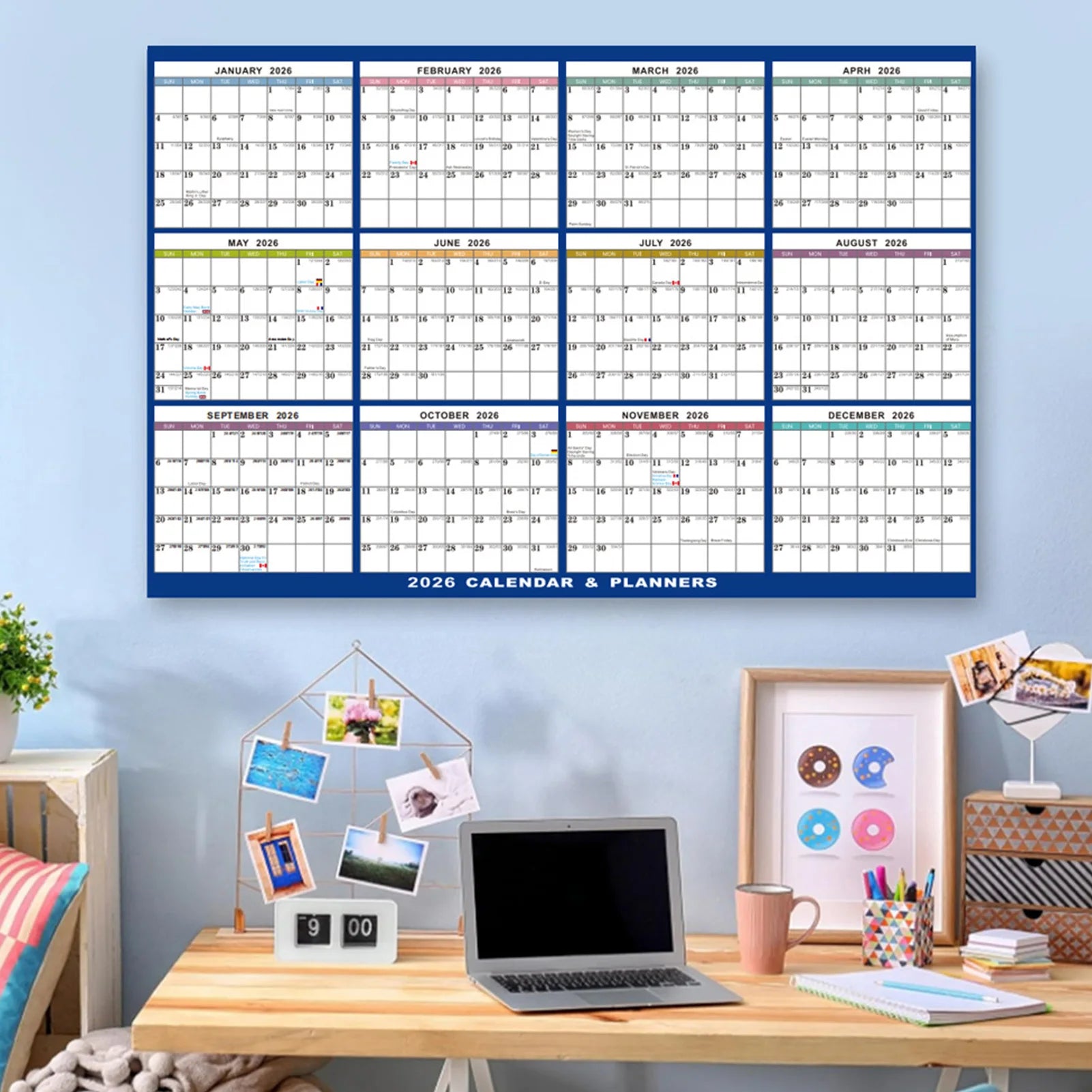 2026 English Double-Sided Laminated Wall Calendar with Erasable Surface Foldable Design for Home Office School Peaceful Pleasures Health and Wellness