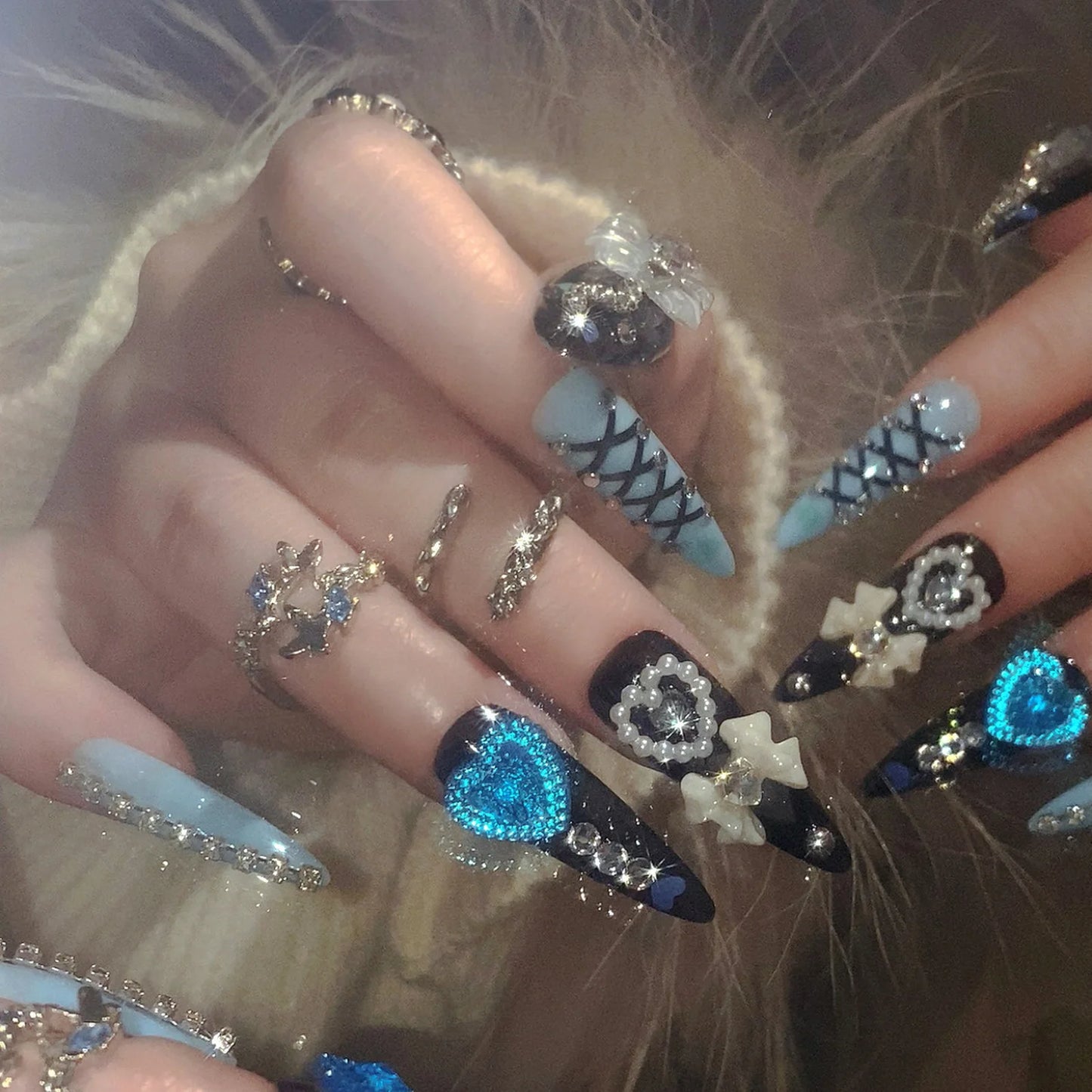 24pcs 3D Bow Press On Nails | Y2K Glitter Rhinestone Almond Set Press On Nails Peaceful Pleasures Health and Wellness