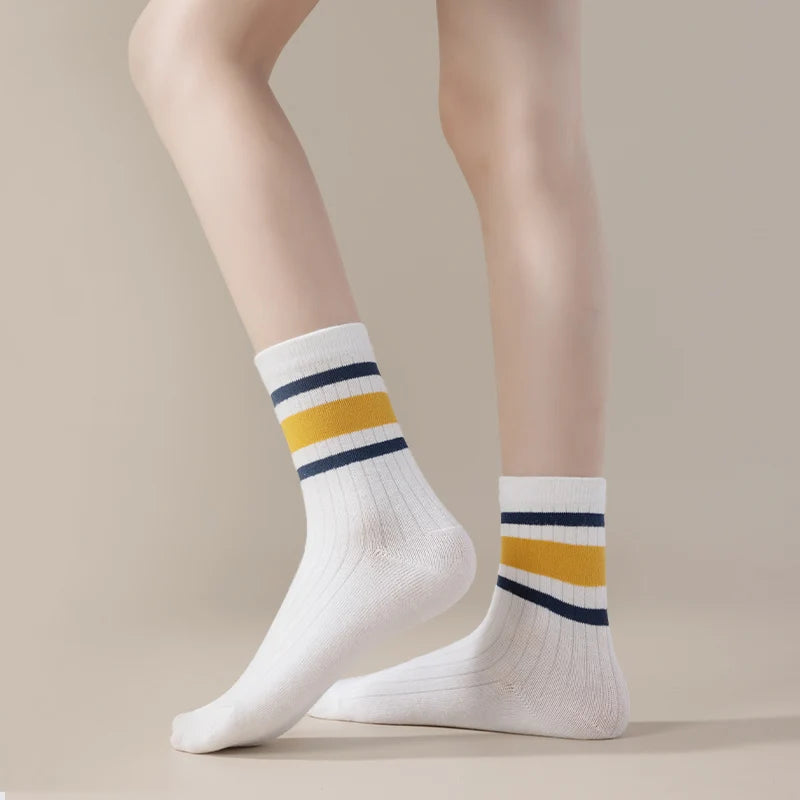 Four pairs of children's socks for spring and autumn, striped versatile style, mid-calf socks with a school style. Peaceful Pleasures Health and Wellness