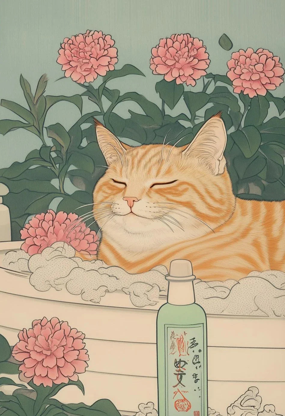 Funny Tabby Cat Bathtub Canvas Print | Japanese Bathroom Wall Art