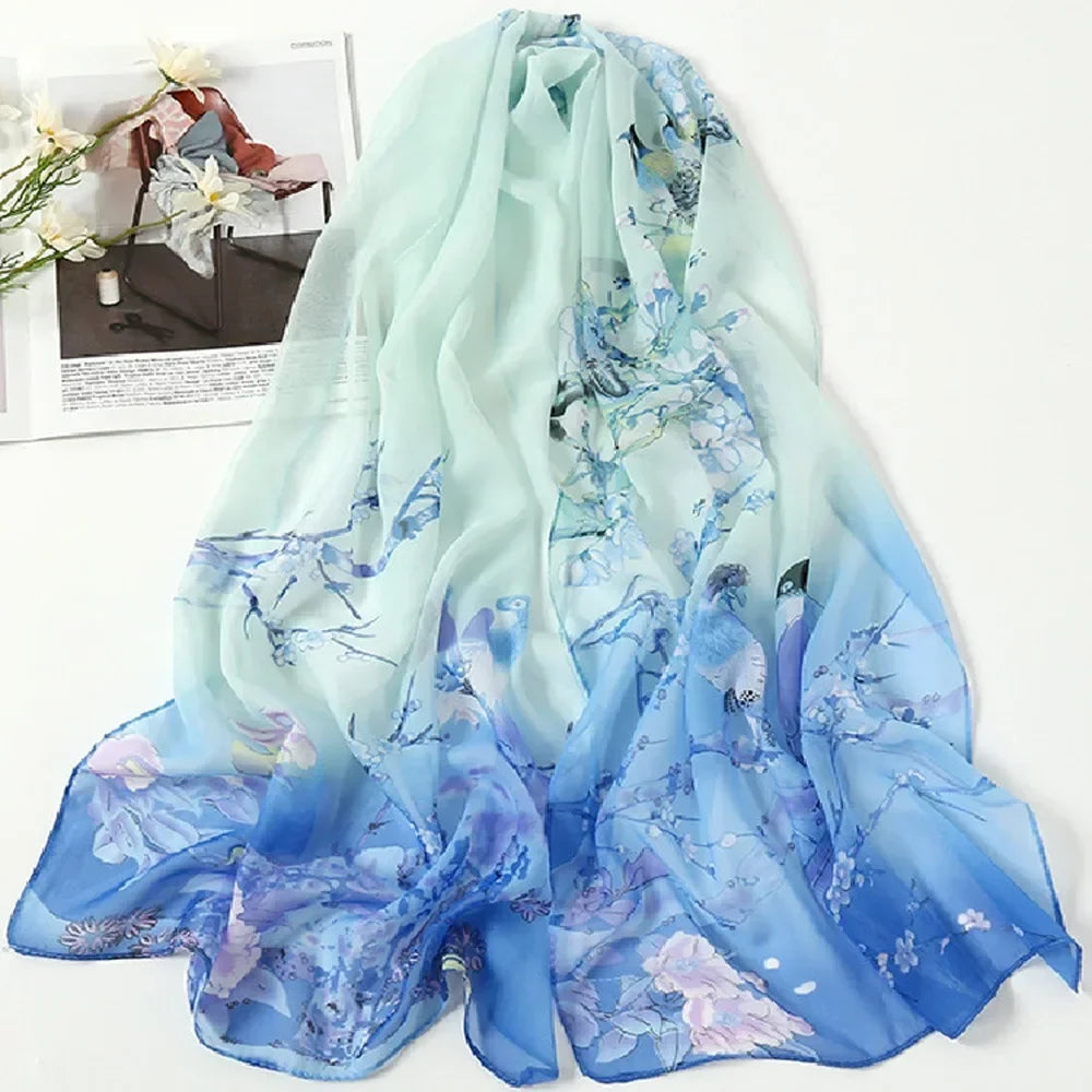 Women's Chiffon Floral Scarf – Gradient Long Wrap Shawl 160×50cm