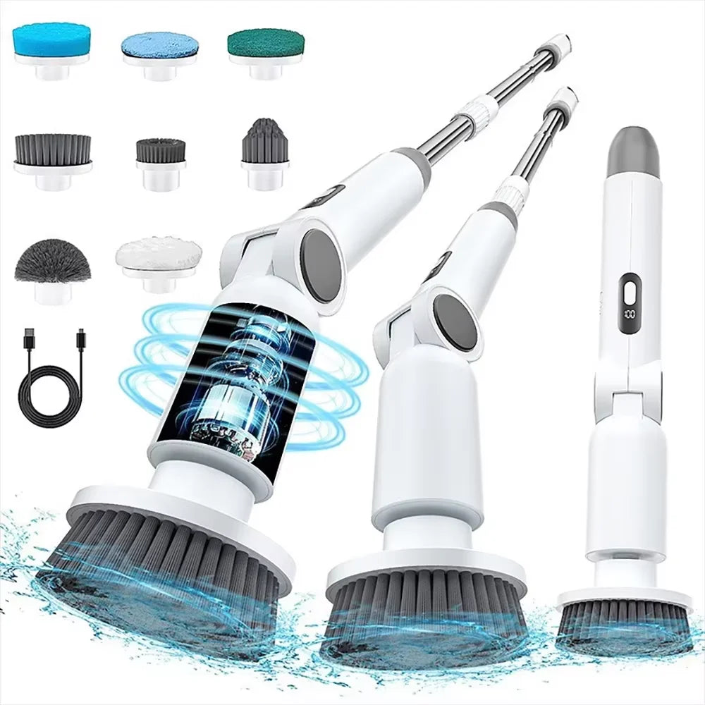HOMEFISH NEW 8-in-1 Electric Spin Scrubber Wireless Cleaning Brush Waterproof Bathroom Scrubber Adjustable Extension Handle Peaceful Pleasures Health and Wellness white