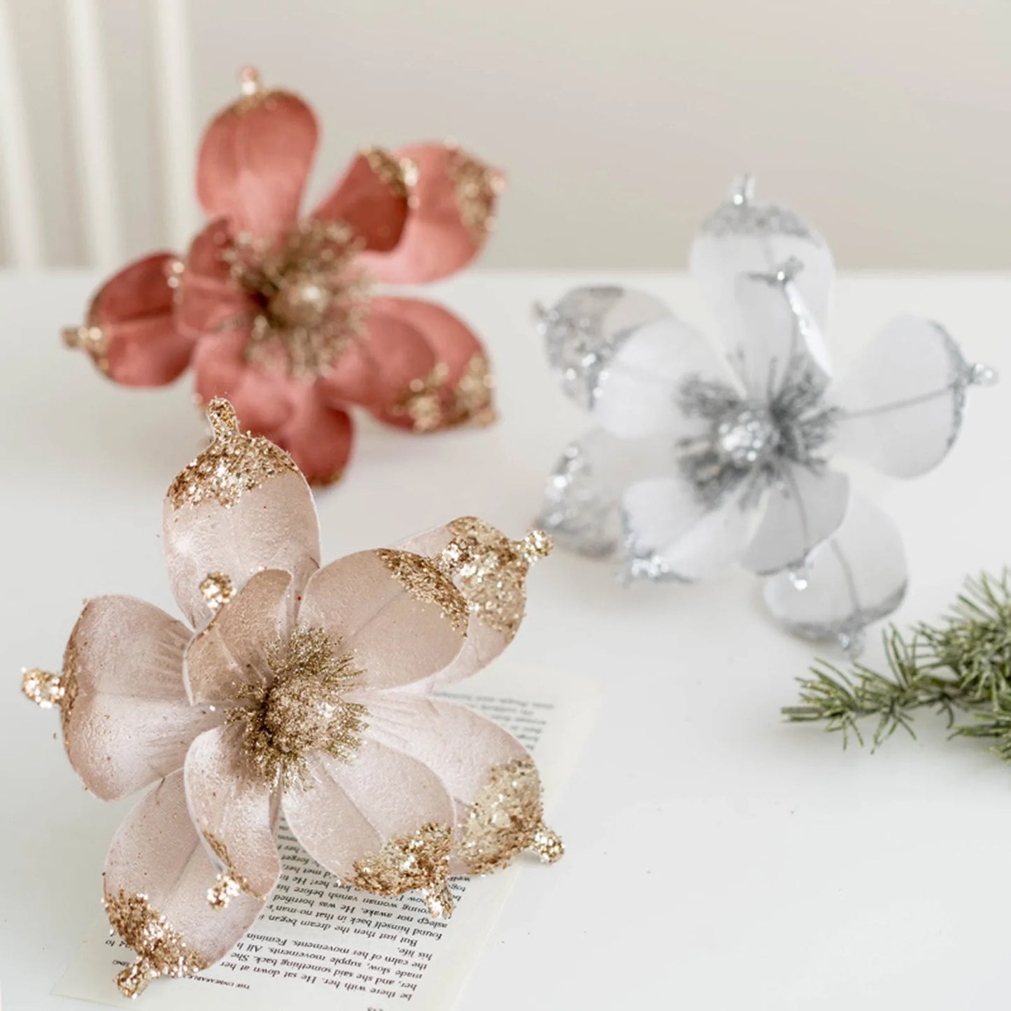 20cm Glitter Magnolia Christmas Flower Pick – Pink Sequin