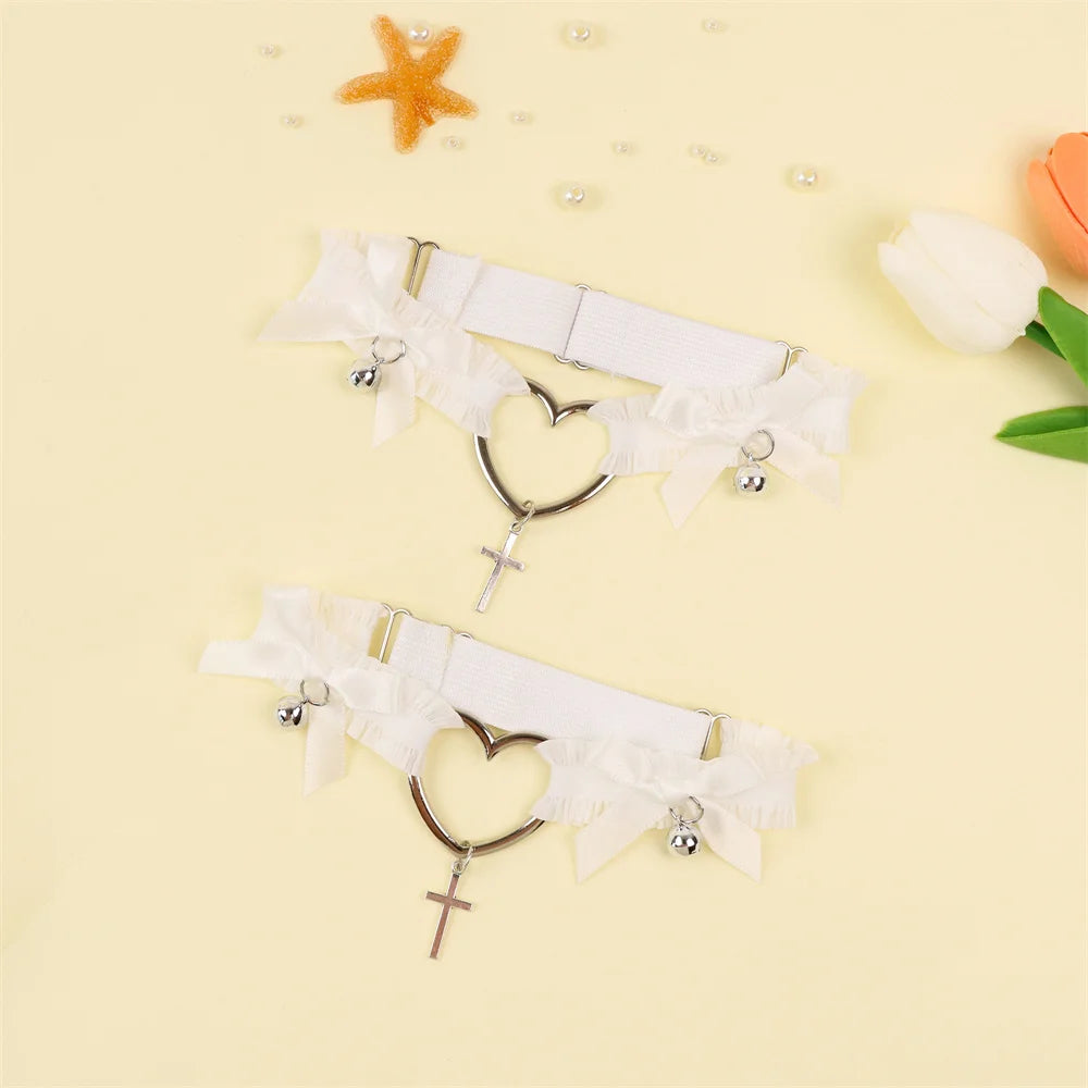 Lolita Lace Garters Leg Belt Punk Cross Heart Bow Ring Goth Elastic