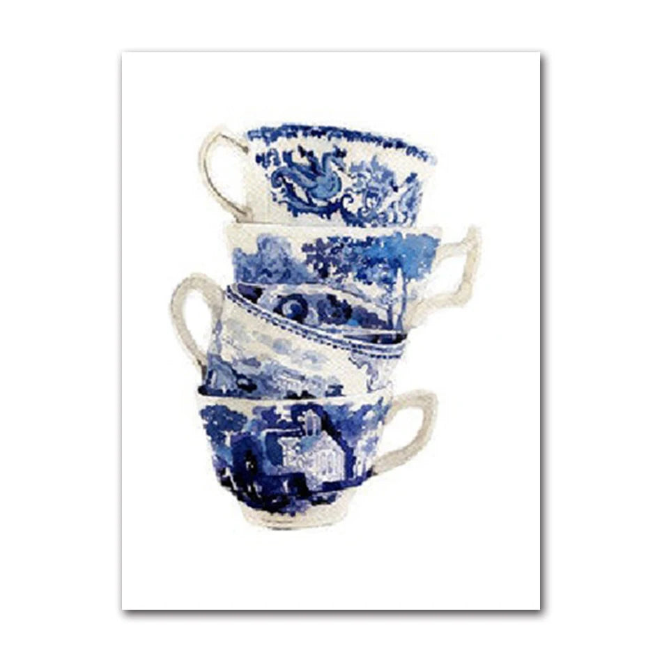 Vintage Teacup Watercolor Art Print, Blue Willow Chinese Teacup Oil Painting Mural Poster for Home Decor Peaceful Pleasures Health and Wellness T82138-06 30x40cm Unframed
