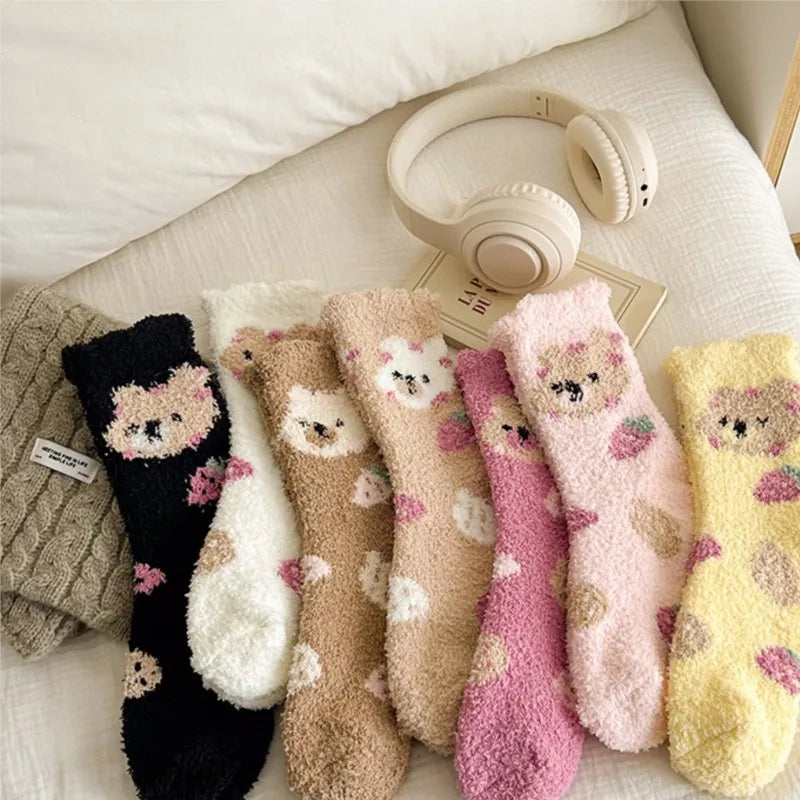 New Fashion Coral Fleece Women Socks Warm Home Floor Socks Strawberry Bear Socks Mid Tube Sleep Socks Plush Socks Added Fleece Peaceful Pleasures Health and Wellness
