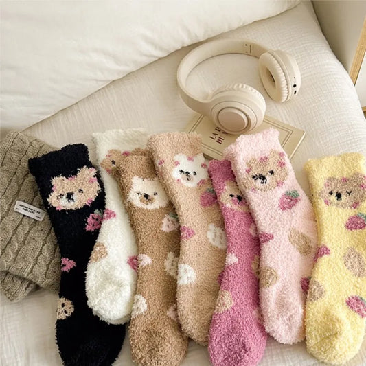 New Fashion Coral Fleece Women Socks Warm Home Floor Socks Strawberry Bear Socks Mid Tube Sleep Socks Plush Socks Added Fleece Peaceful Pleasures Health and Wellness