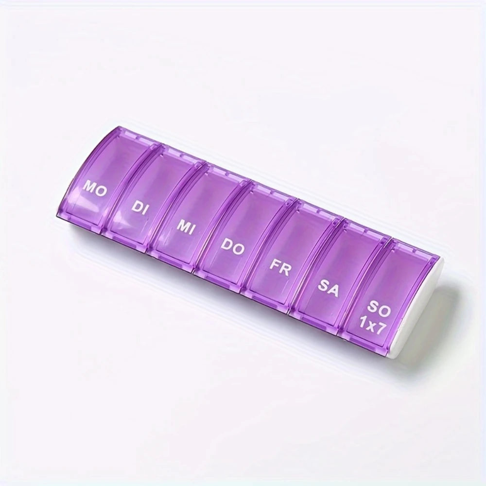 7Day Pill Organizers with Labeled Compartments Monday to Sunday Color-Coded for Travel And Daily Use Featuring a Vibrant Familie Peaceful Pleasures Health and Wellness purple