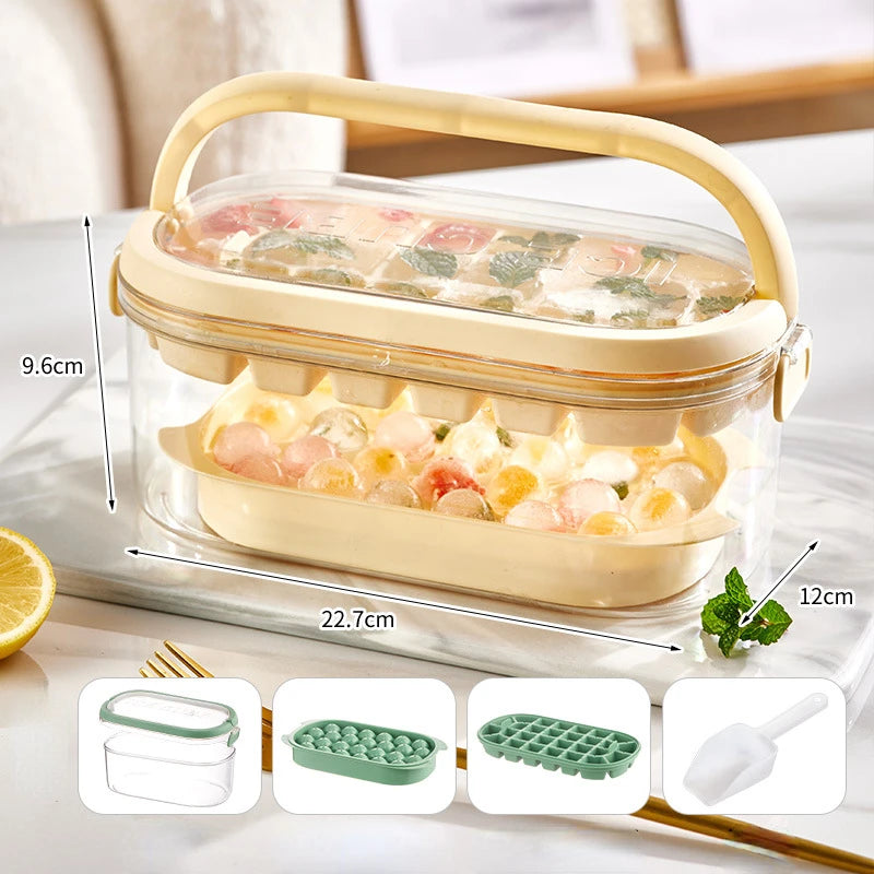 Silicone Ice Cube Tray with Lid and Storage Bin Ice Ball Maker Mold Reusable 2 Layers Plastic Mini Round Ice Ball Maker Mold Peaceful Pleasures Health and Wellness Beige