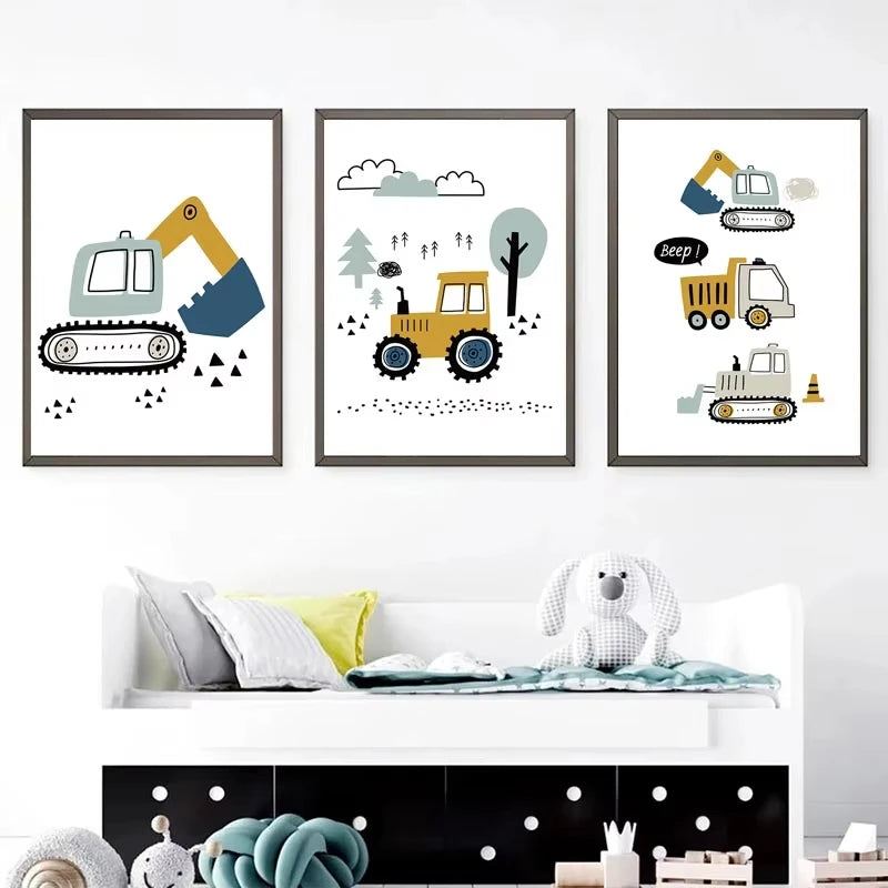 Cartoon Construction Vehicles Canvas Wall Art | Boys Nursery