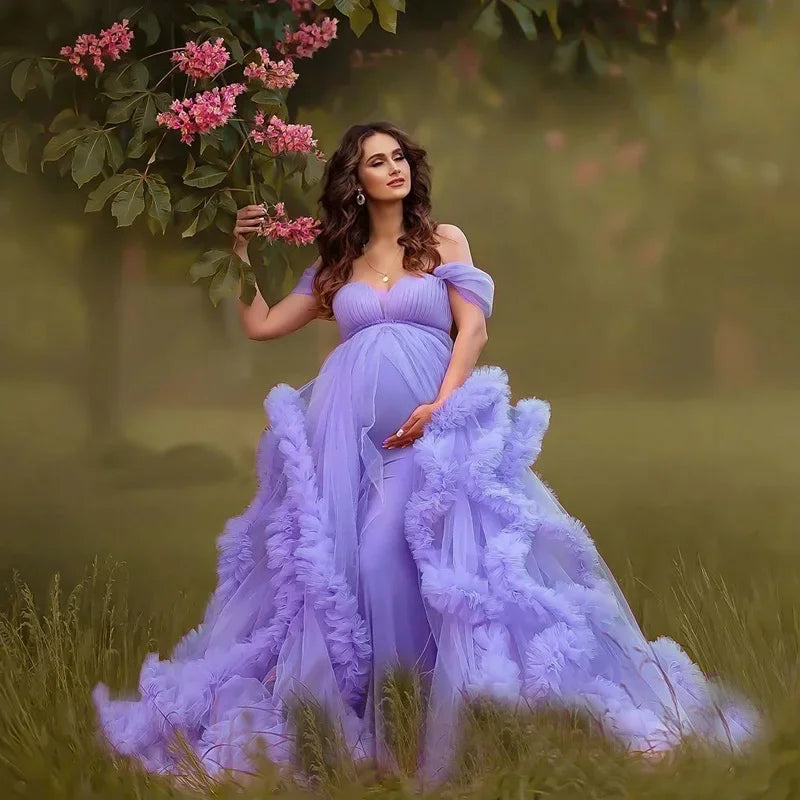 Fluffy White Tulle Maternity Robes for Photo Shoot Off Shoulder Tiered Ruffles Pregnant Women Dress Sexy Babyshower Gown Peaceful Pleasures Health and Wellness Lavender US 16 China Mainland