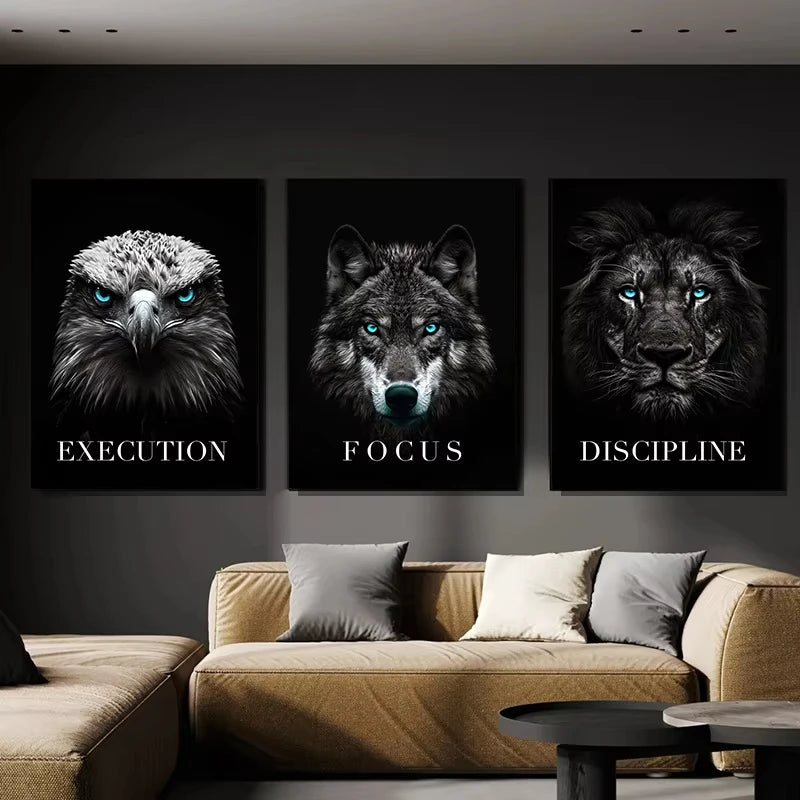 Black Eagle Lion Wolf Canvas Wall Art | Animal Poster Print