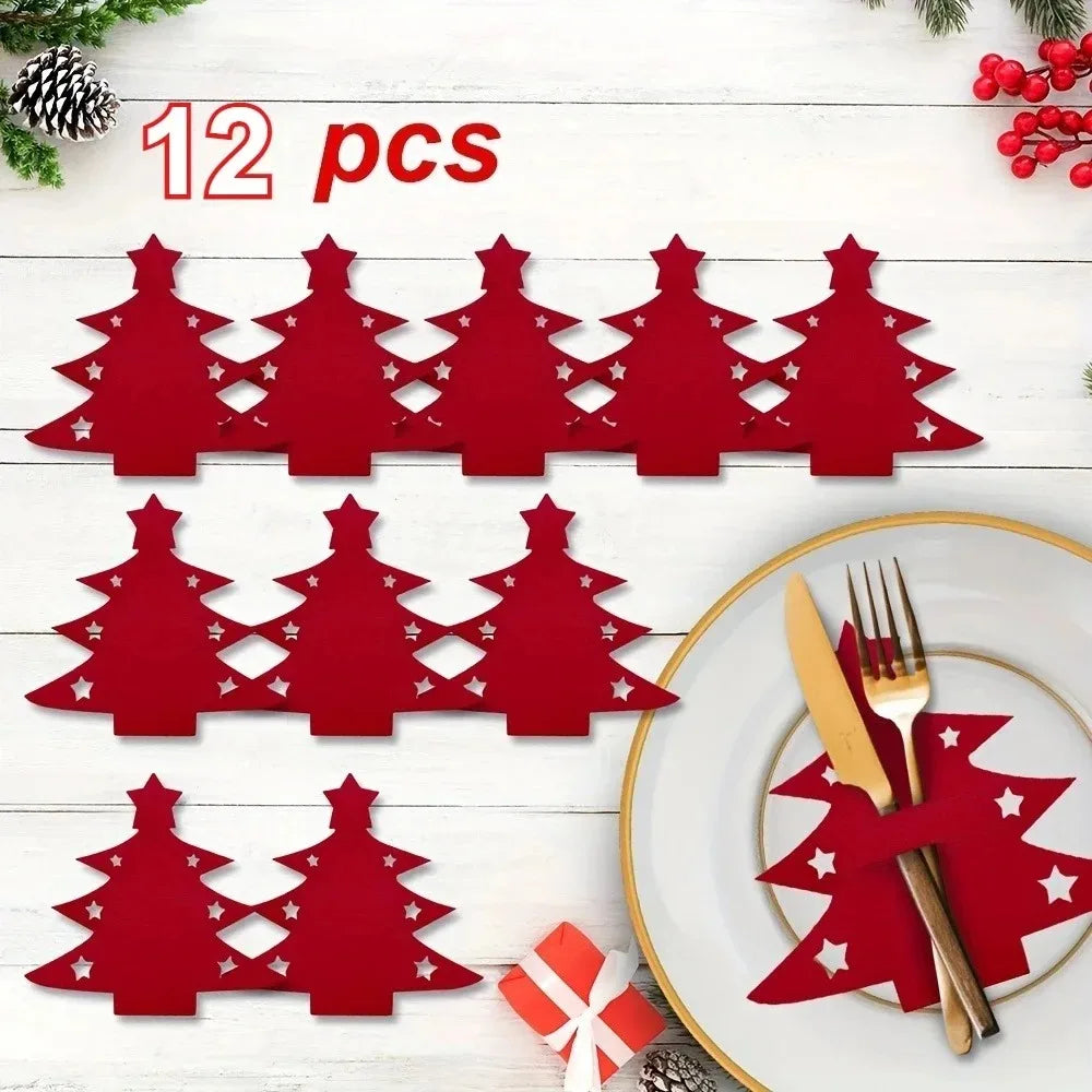 12pcs, Christmas Tree Placemats, Felt Fork and Spoon Bag Set, Suitable for Christmas and Other Holiday Party Table Decoration Peaceful Pleasures Health and Wellness