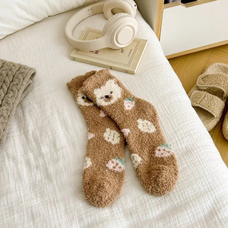 New Fashion Coral Fleece Women Socks Warm Home Floor Socks Strawberry Bear Socks Mid Tube Sleep Socks Plush Socks Added Fleece Peaceful Pleasures Health and Wellness Dark Khaki One Size