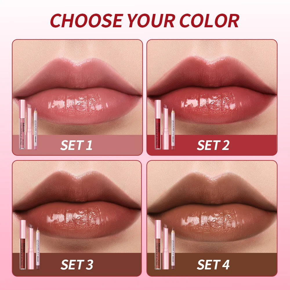 3pcs Lip Makeup Set Lip Liner Lip Gloss Lipstick Mirror Effect Beep Lips High Color Long-lasting Hydrates Travel Mini Set Peaceful Pleasures Health and Wellness