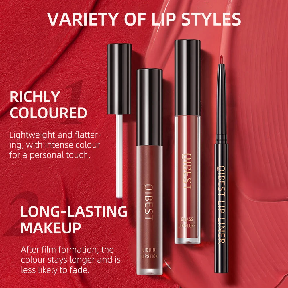 QIBEST Hots 3pcs Liquid Lipstick And Lip Liner Makeup Sets Nude Velvet Lip Gloss Lip Tint Lasting Black Lip Glaze Cosmetics Kits Peaceful Pleasures Health and Wellness