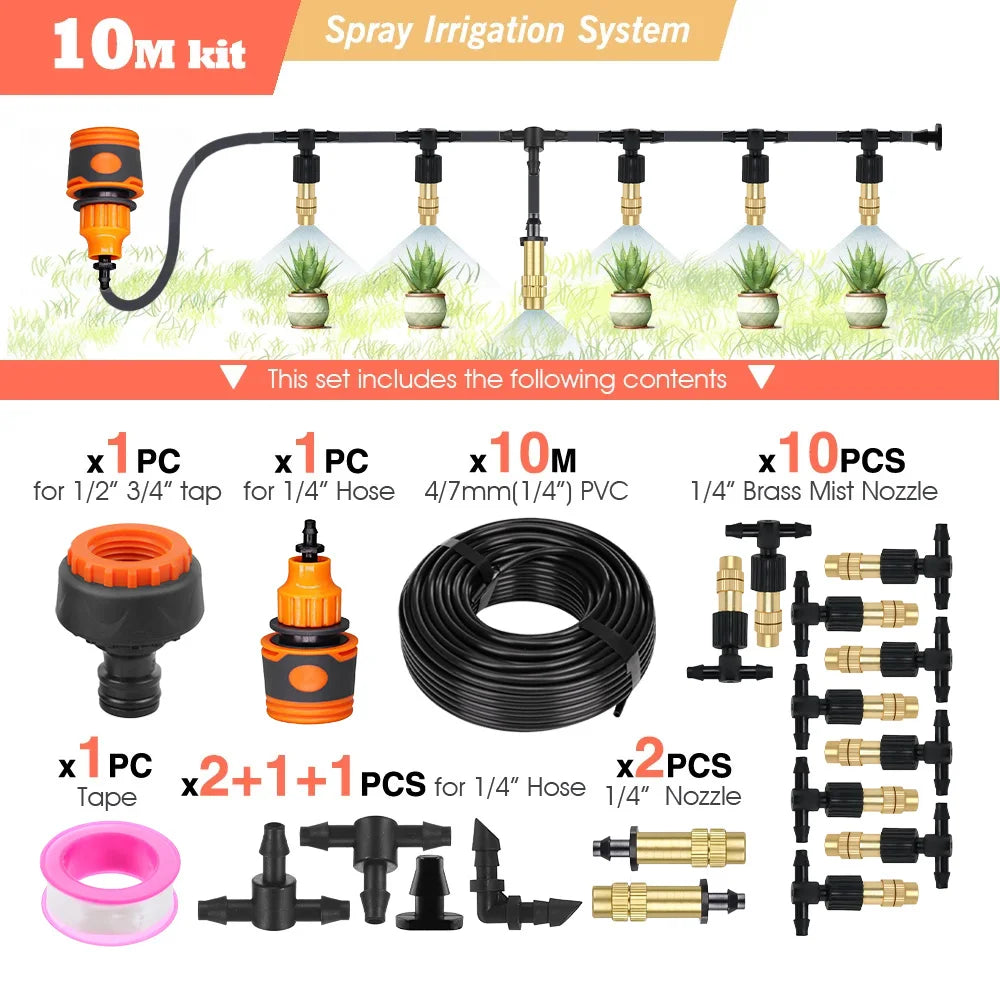 10M-30M Outdoor Misting Cooling System 4/7mm Hose for Patio Greenhouse Garden Irrigation Watering 1/4'' Brass Atomizer Nozzles Peaceful Pleasures Health and Wellness D-10M kit