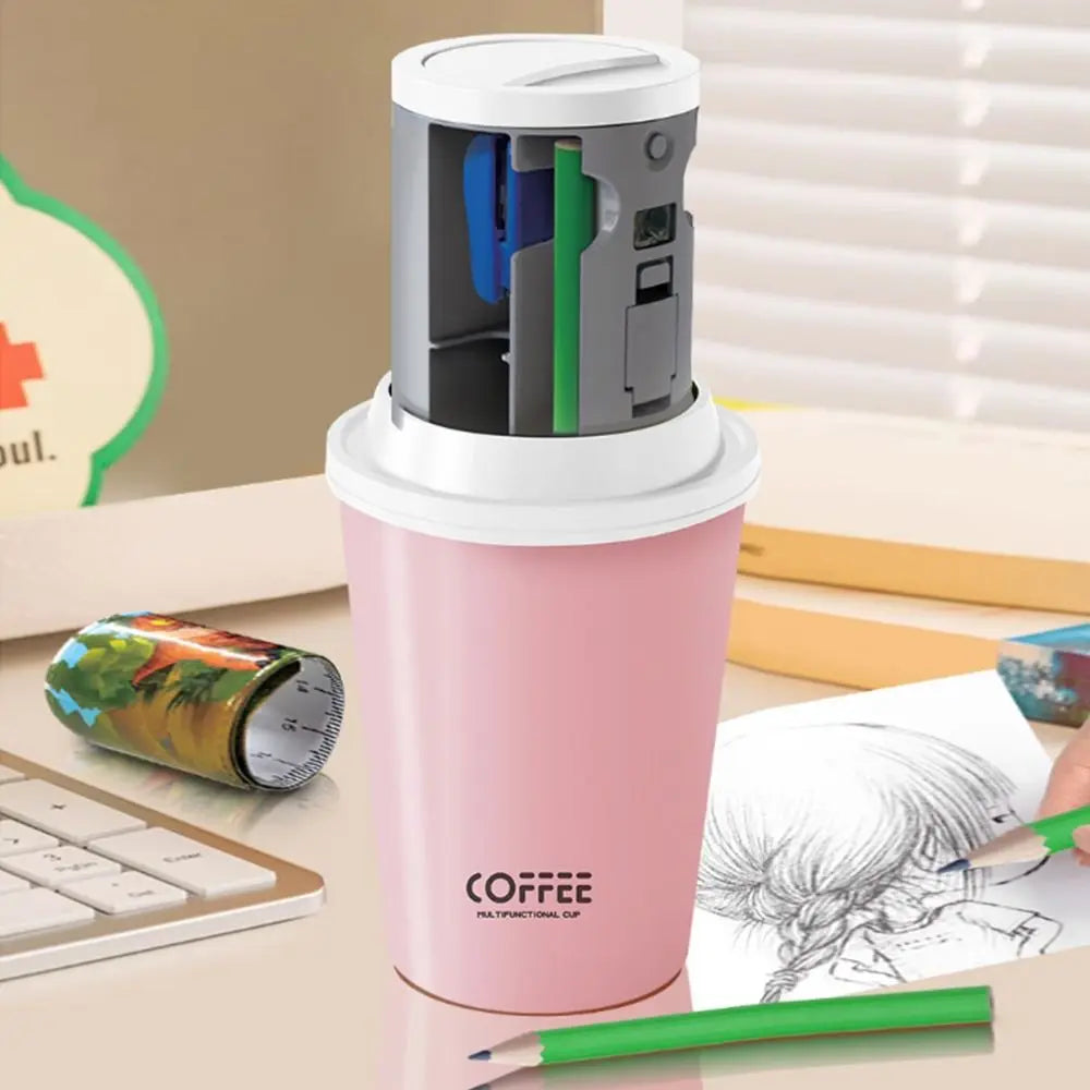 7 in 1 Children's Stationery Set Coffee Cup Shape with Fan Children's Creative Stationery Cup Stapler with Lamp Peaceful Pleasures Health and Wellness
