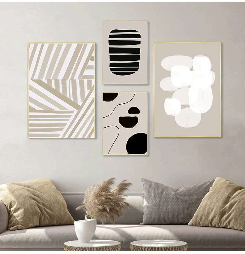 Modern Abstract Line Art Canvas Poster | Beige Black Minimalist