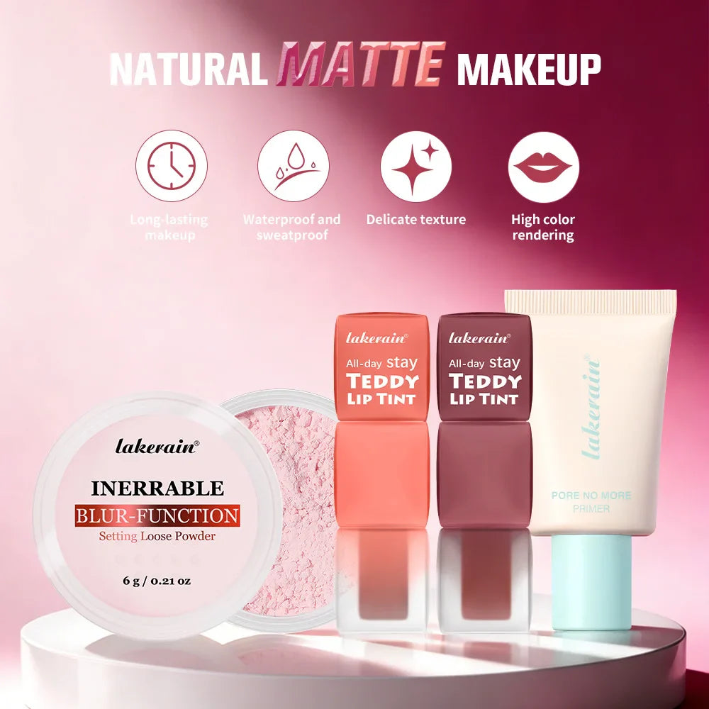 Lakerain 4-Piece Makeup Set – Primer, Lip Tint & Setting Powder