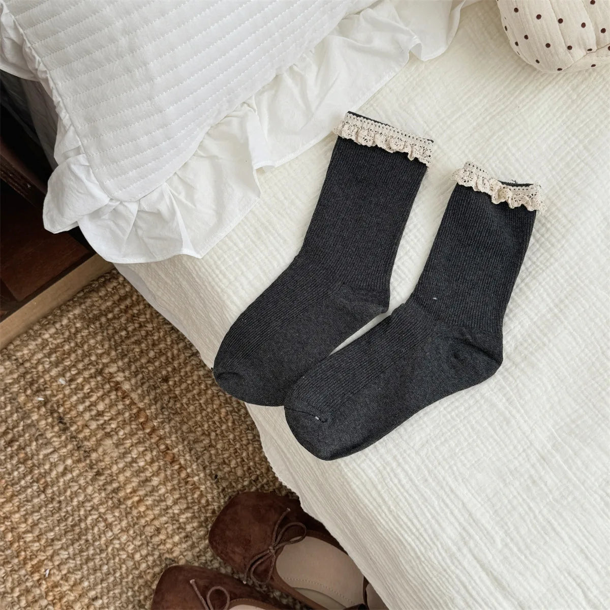 Korean Style Socks Sweet Lace Mid Calf Socks Ballet Style Girls Double Needle Slouch Socks for Women Daily Casual Fashion Wear Peaceful Pleasures Health and Wellness G One Size