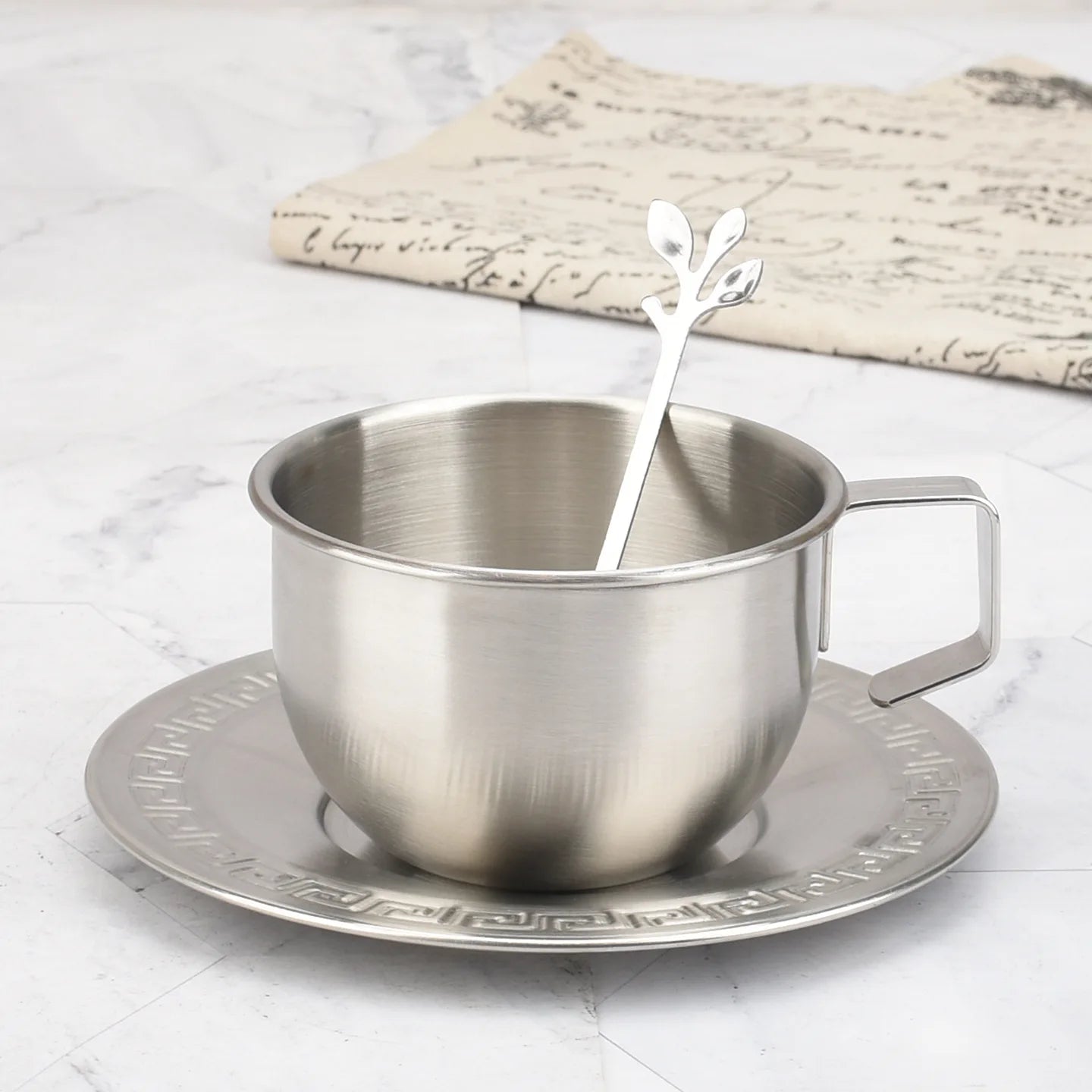 Hot 250ML Stainless Steel Small Cup with Handle Double Layer Hot Resistant Water Coffee Tea Cup Set with Plate and Spoon Cup Peaceful Pleasures Health and Wellness Silvery