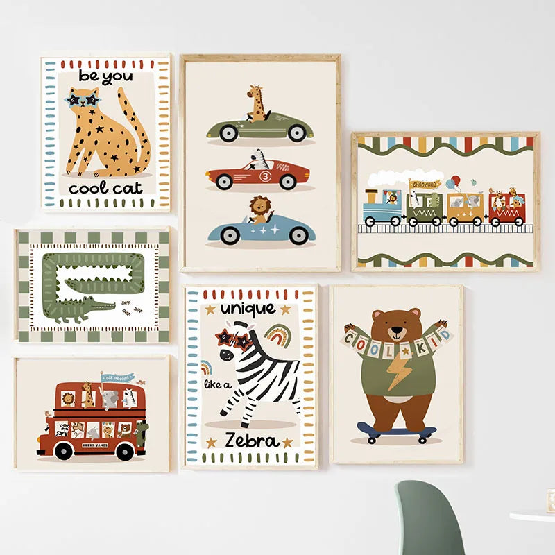 Funny Cartoon Animals Car Bus Nursery Wall Art Canvas Painting Leopard Bear Zebra Posters & Prints Pictures Baby Kids Room Decor Peaceful Pleasures Health and Wellness