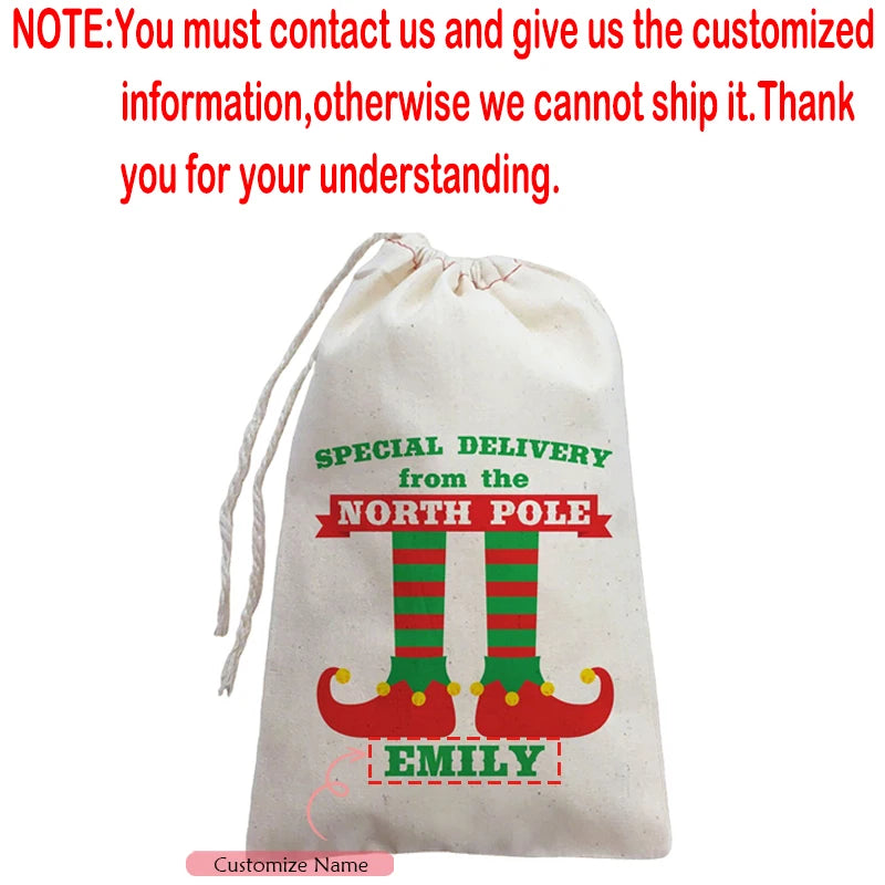 3-Pack Personalized Christmas Elf Drawstring Gift Bags | Custom Name Holiday Gift Bags Peaceful Pleasures Health and Wellness custom name 13x18cm 3pcs