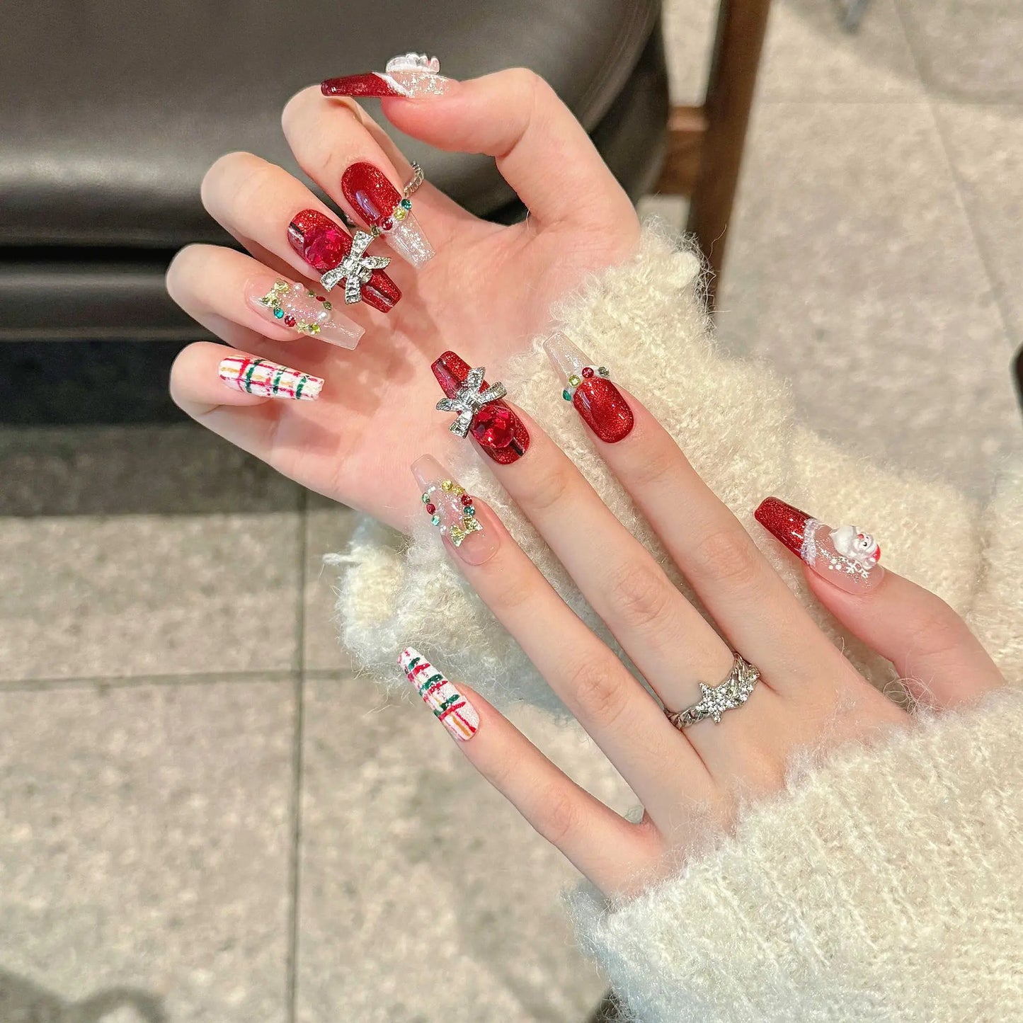 Christmas Press-On Nails | 3D Santa Cat Eye Crystal Set