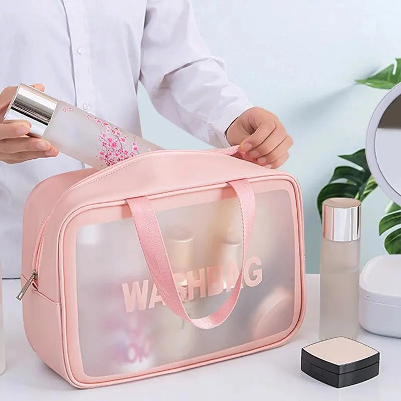 1pcs S/M/L Pu Transparent One Piece Makeup And Toiletries Bag, Large Capacity Pvc Semi Transparent Frosted Portable Storage Bag Peaceful Pleasures Health and Wellness