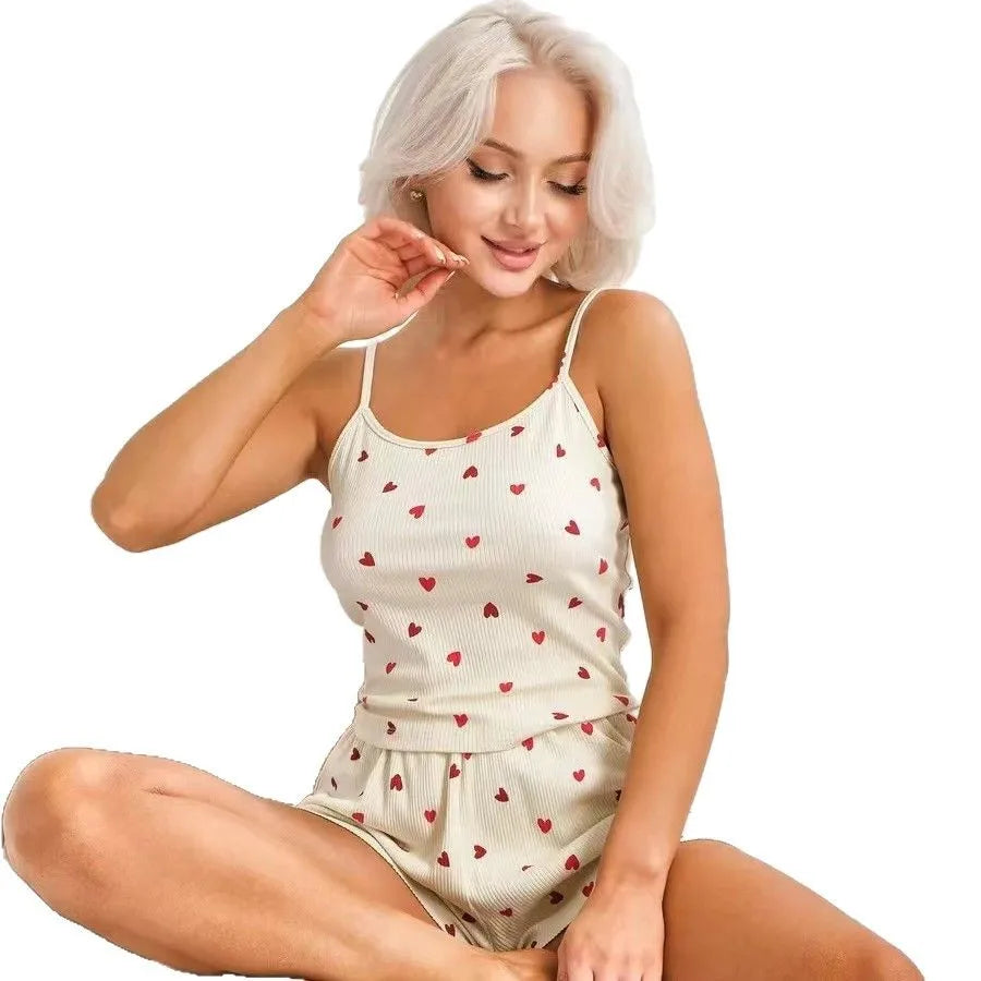 Women’s Heart Print Pajama Set – Sleeveless Knit Camisole and Shorts Summer Loungewear Sleepwear Nightwear Peaceful Pleasures Health and Wellness