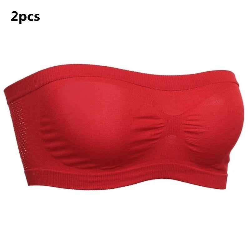 Lady's Sexy Strapless Crop Top Bra Bandeau Boob Tube Brassiere Summer Breathable Mesh Invisible Strapless without Chest Pad Wrap Peaceful Pleasures Health and Wellness Red 2pcs Free Size