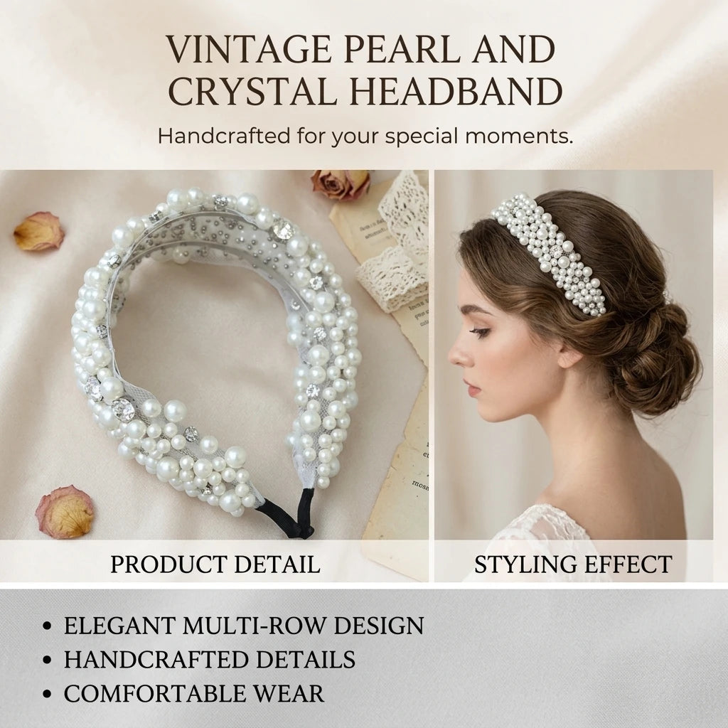 Bridal Headband Vintage Pearl Hair Accessory Hand-made Multi Row Design for Wedding Photography Peaceful Pleasures Health and Wellness