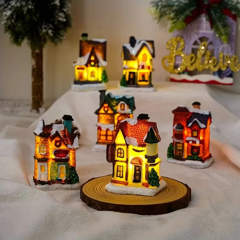 Christmas Resin Mini Village Set with LED Lights – 10 Pieces