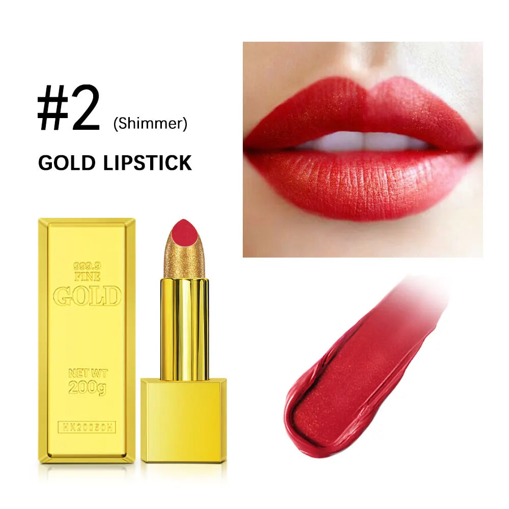 Shimmer Gold Lipstick Metallic Glitter Sexy Lipsticks Long Lasting Batom Waterproof Cosmetic Gold Brick Tube Design Gift 3.5g Peaceful Pleasures Health and Wellness color 2
