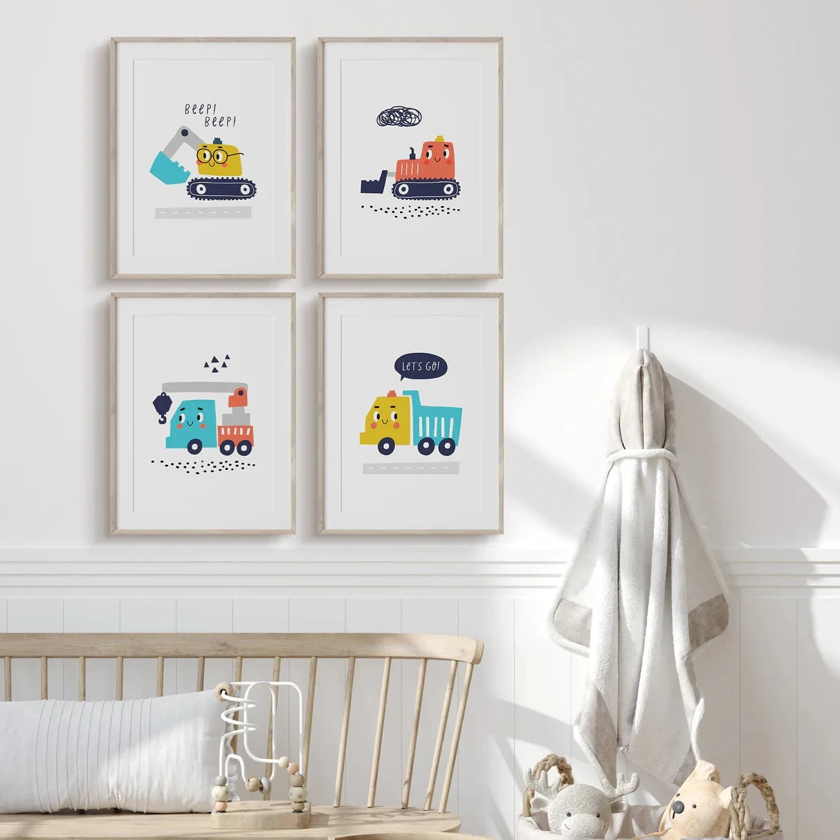 4-Piece Cartoon Construction Vehicles Canvas Wall Art | Kids Room