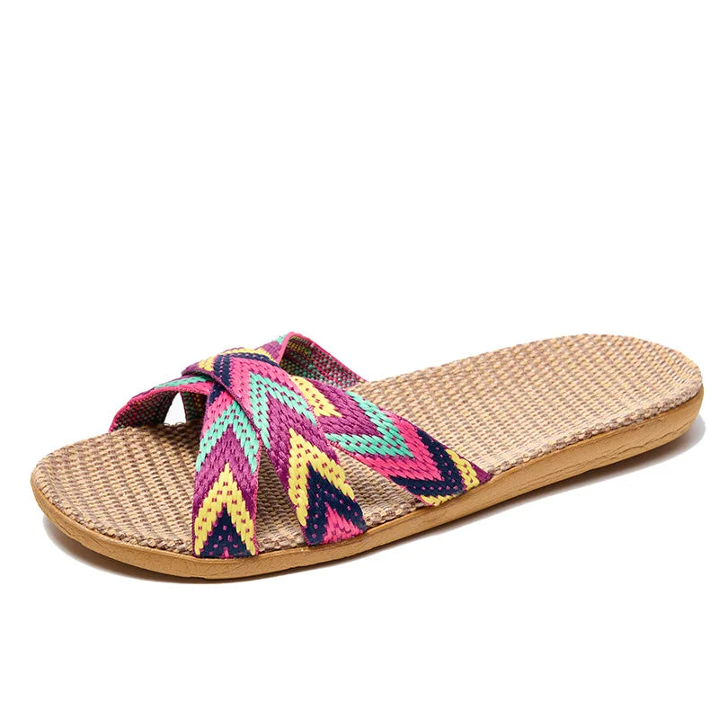 Women's Bohemian Linen Slides – Lightweight Anti-Slip Summer Slippers