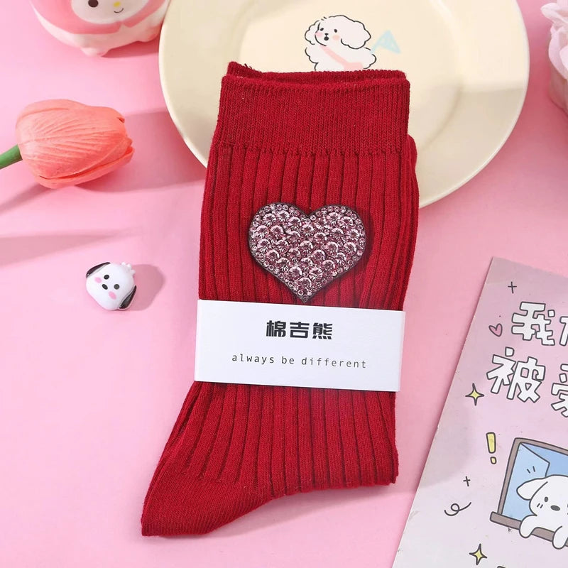 Diamond Heart-Shaped Decorative Socks, Fashionable Diamond Sparkling Women's Socks, Comfortable And Breathable Christmas Socks Peaceful Pleasures Health and Wellness Burgundy One Size