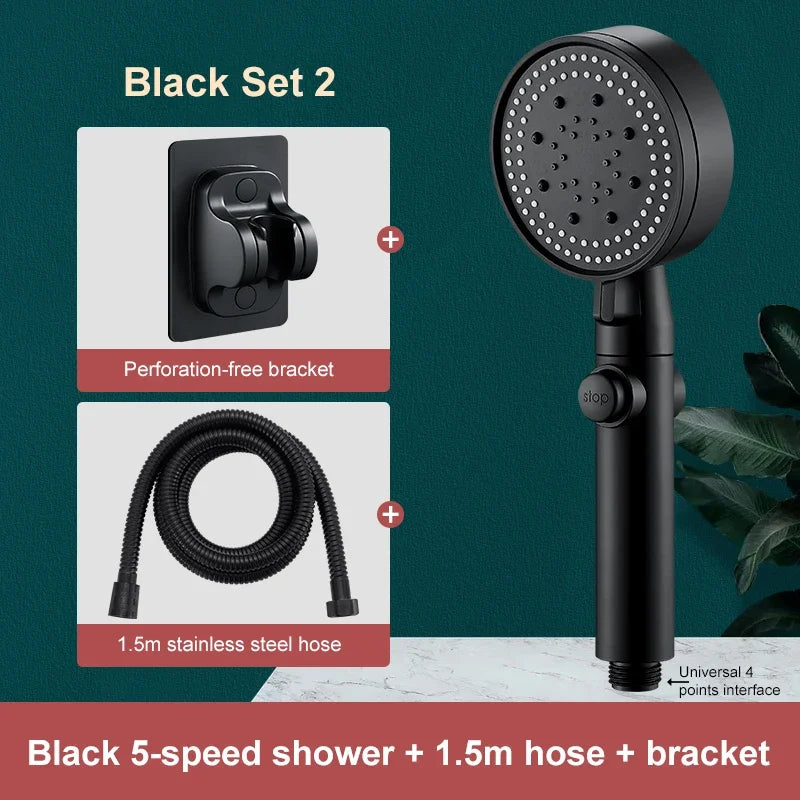 5-Mode High-Pressure Handheld Shower Head with Hose & Stop