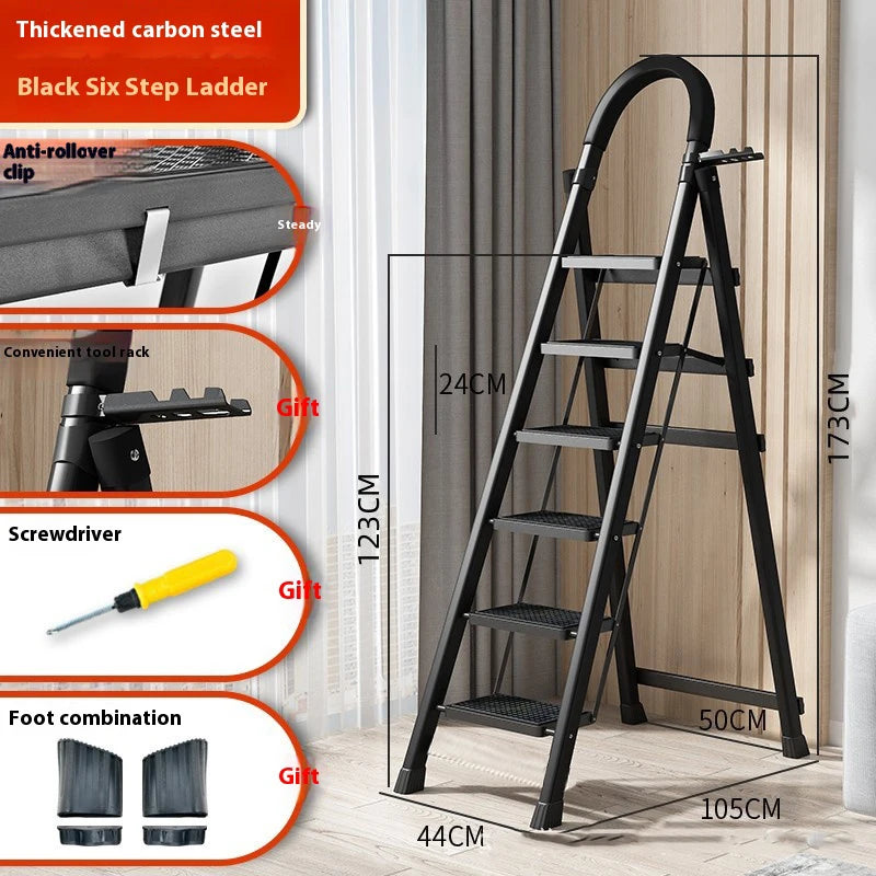 Adjustable Zigzag Folding Ladder 3 4 5 6 Step Thickened Carbon Steel Engineering Ladder Stable Climbing Tool for Home And Garden Peaceful Pleasures Health and Wellness 6 layers Black