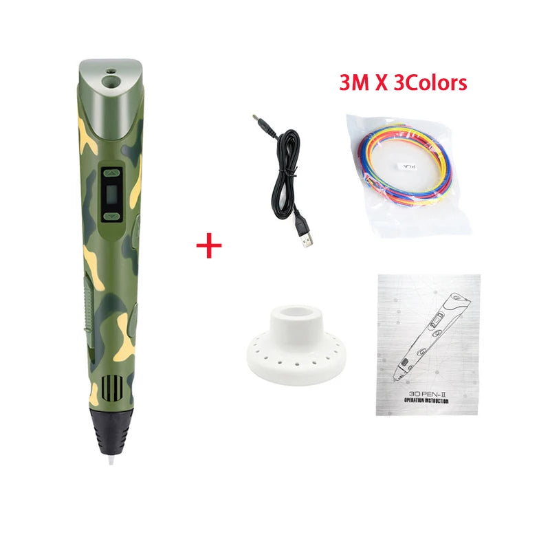 3D Pen 3D DIY Drawing Pen With LCD Screen Compatible PLA Filament Toys Safe 3D Pen for Children Kids Christmas Birthday Gift Peaceful Pleasures Health and Wellness Camouflage A China Mainland