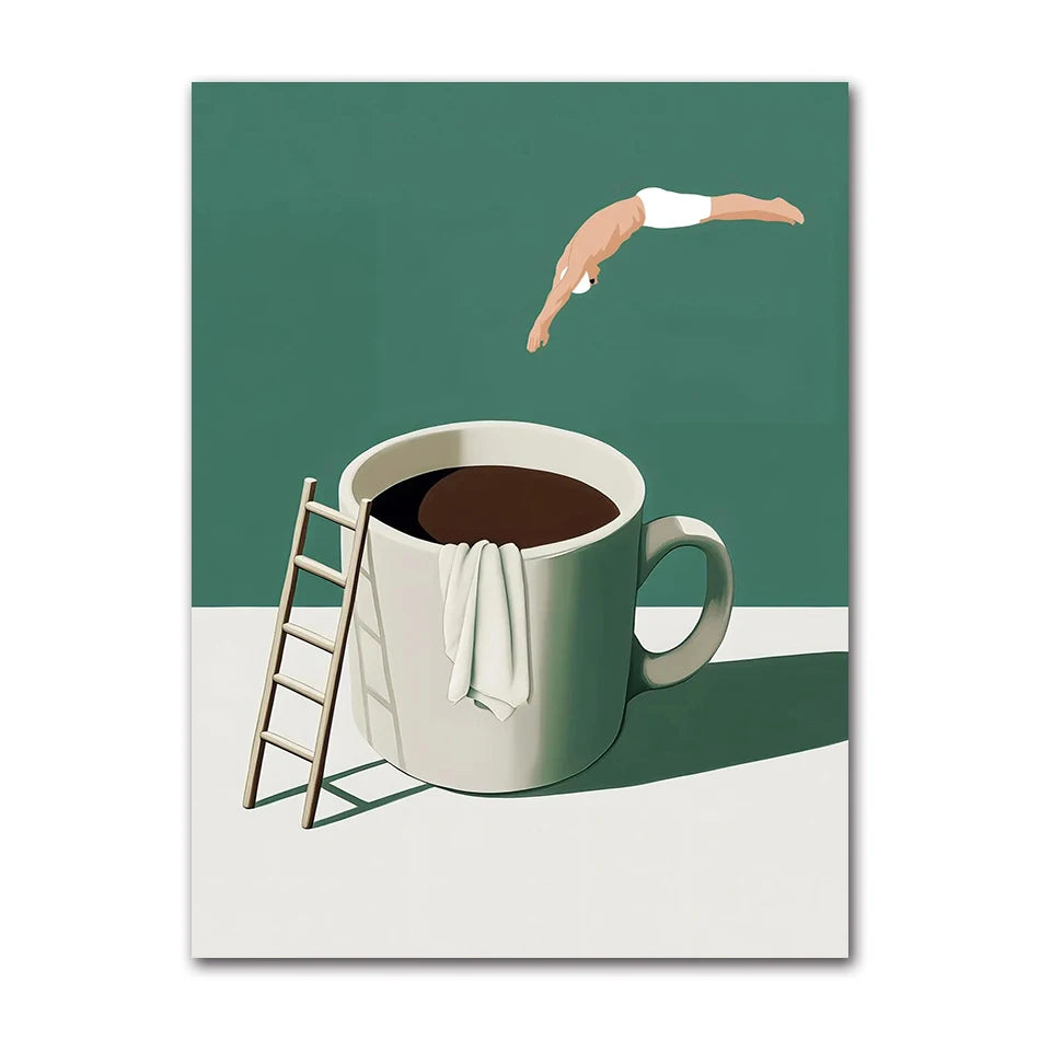 Good Morning Coffee Diver Poster Retro Funny Minimalist Food Espresso Lover Canvas Painting Wall Art Home Room Decor Peaceful Pleasures Health and Wellness 61731-03 40x50cm Unframed